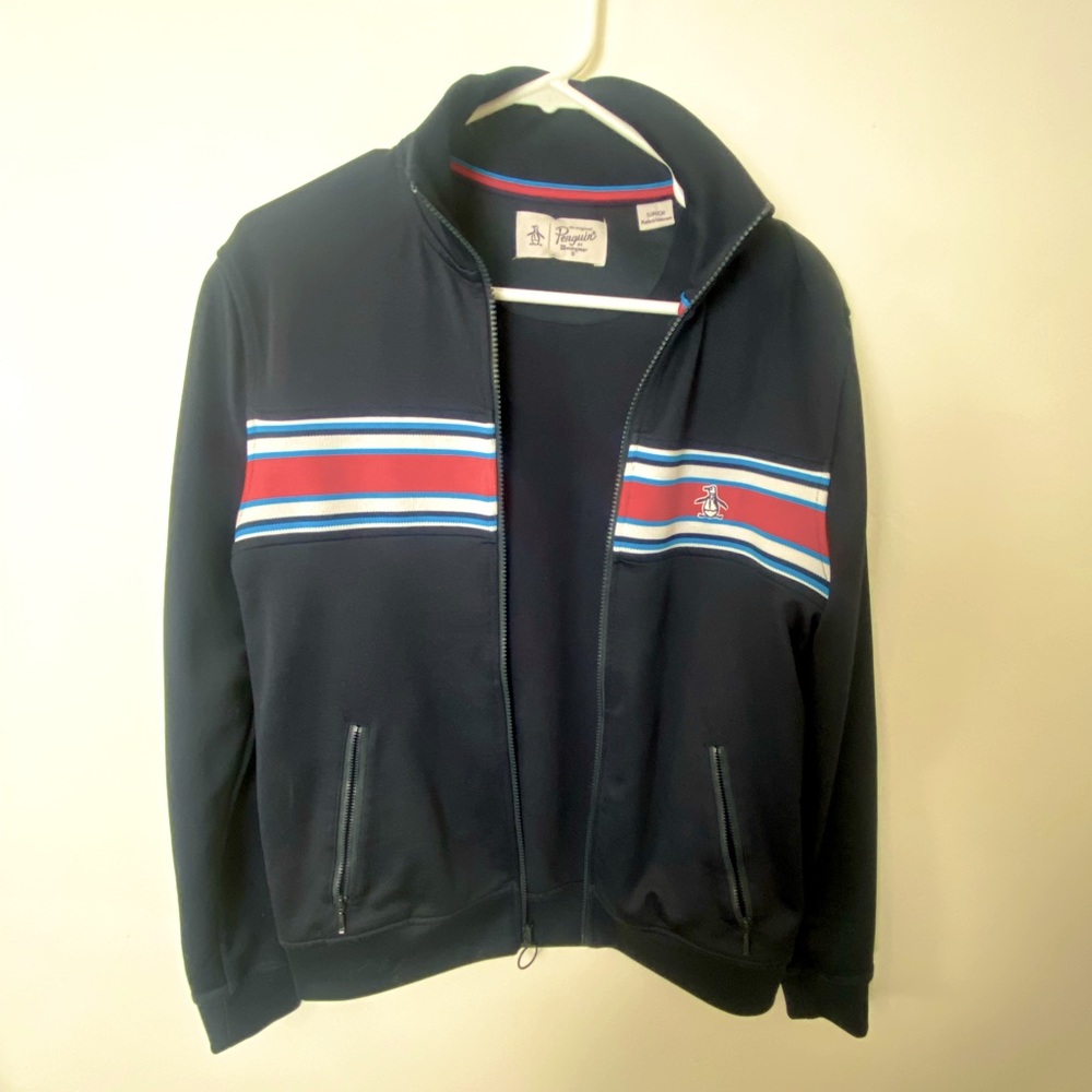 Original PENGUIN Track Jacket. Sz: Sm. Color:Navy Blue w/ Red White & Blue band